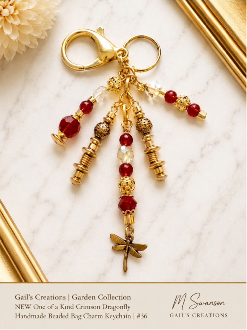 NEW One of a Kind Crimson Dragonfly Handmade Beaded Bag Charm Keychain (#36)